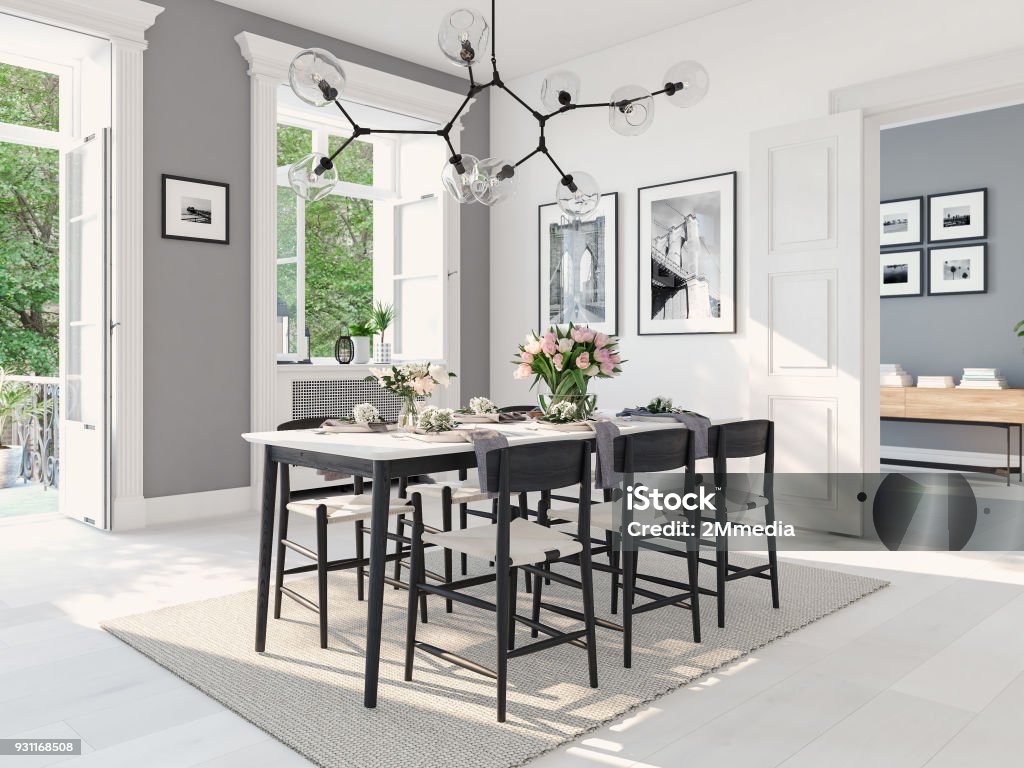 modern nordic dining room in loft apartment. 3D rendering 3D rendering of modern dining room in a loft. Dining Room Stock Photo