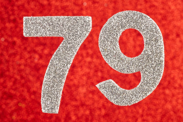 istock Number seventy-nine silver color over a red background. Anniversary 931168556