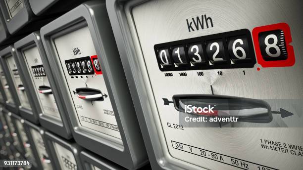 Electric Meters In A Row Standing On The Wall Stock Photo - Download Image Now - Electricity, Power Line, Fuel and Power Generation