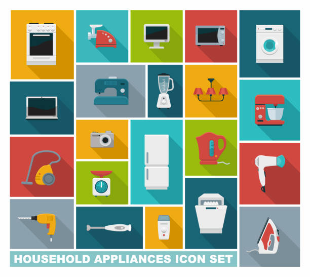 bildbanksillustrationer, clip art samt tecknat material och ikoner med platt ikoner hushållsapparater - dishwasher cooking