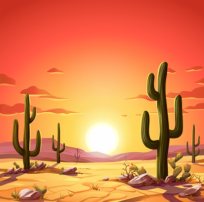 Vector illustration of a desert landscape with Saguaro cactus at sunset. In the background are hills and mountains, and a bright, vibrant red sky. Illustration with space for text.