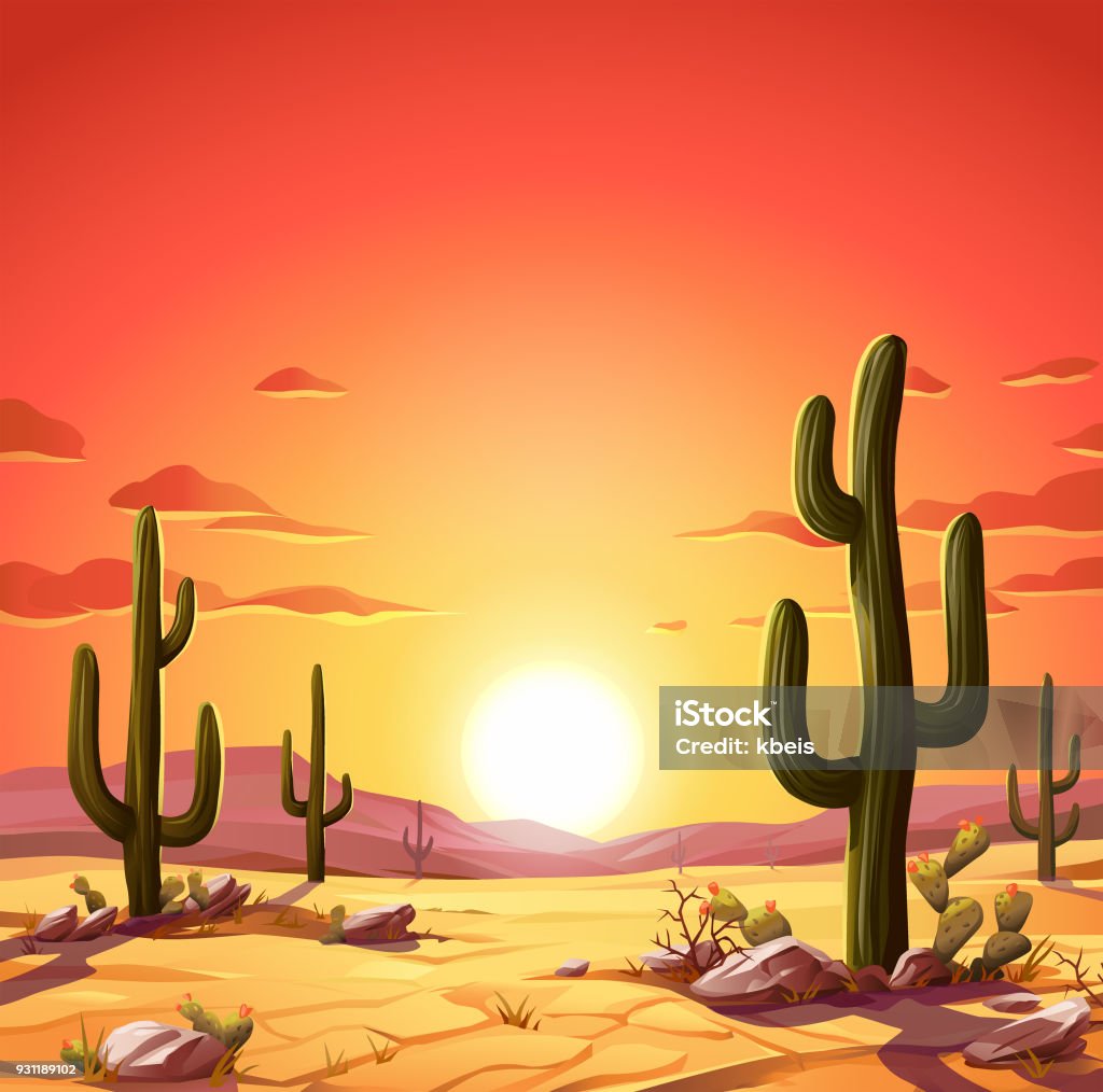 Desert Sunset Vector illustration of a desert landscape with Saguaro cactus at sunset. In the background are hills and mountains, and a bright, vibrant red sky. Illustration with space for text. Desert Area stock vector