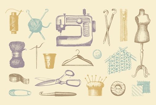 Sketches of sewing and needlework. Vector illustration of tools and materials