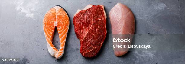 Raw Food Salmon Oily Fish Steak Beef Meat And Turkey Breast Stock Photo - Download Image Now