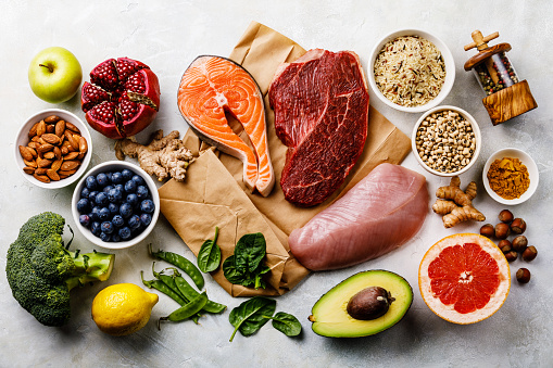 Balanced diet Organic Healthy food Clean eating selection Including Certain Protein Prevents Cancer: fish, meat, fruit, vegetable, cereal, leaf vegetable