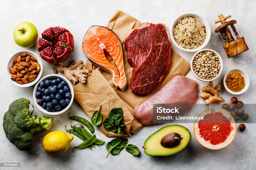 Balanced diet Organic Healthy food Clean eating selection Including Certain Protein Prevents Cancer Balanced diet Organic Healthy food Clean eating selection Including Certain Protein Prevents Cancer: fish, meat, fruit, vegetable, cereal, leaf vegetable Ingredient Stock Photo