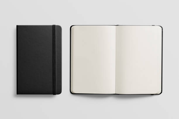 istock Photorealistic black leather notebook mockup on light grey background. 931197144