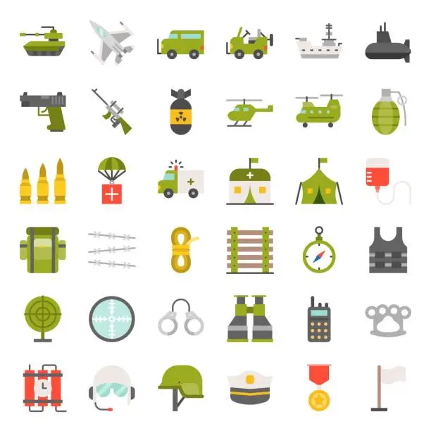 Vector illustration of army and military icon set, flat design vector