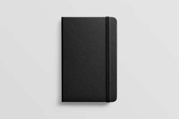 istock Photorealistic black leather notebook mockup on light grey background. 931197610