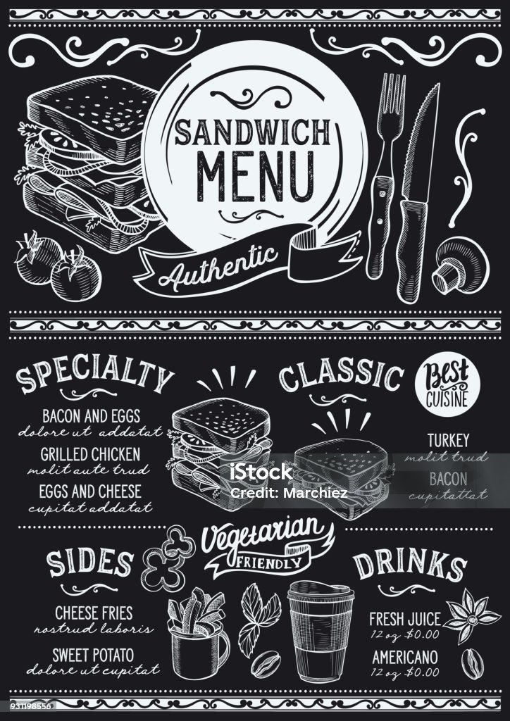 Ristorante con menu sandwich, modello di cibo. - arte vettoriale royalty-free di Menù