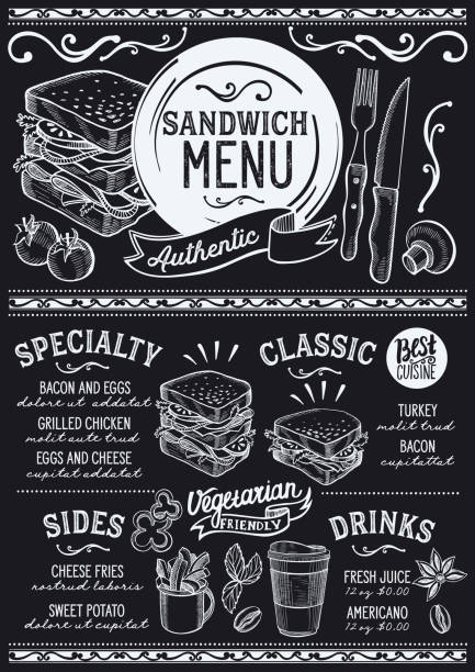 illustrazioni stock, clip art, cartoni animati e icone di tendenza di ristorante con menu sandwich, modello di cibo. - panino