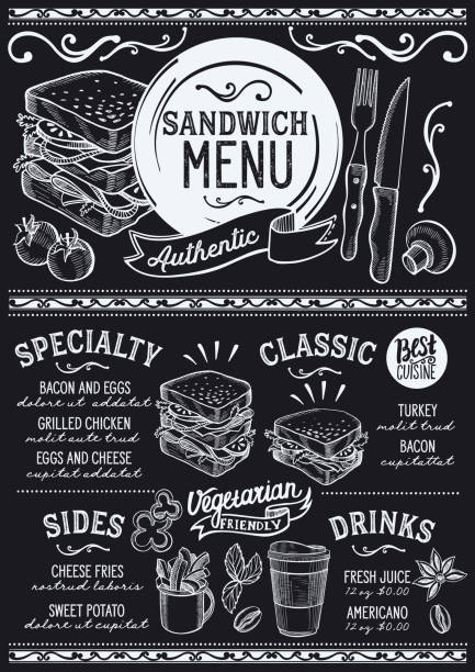 Sandwich menu restaurant, food template. Sandwich restaurant menu. Vector food flyer for bar and cafe. Design template with vintage hand-drawn illustrations. cafe sandwich stock illustrations