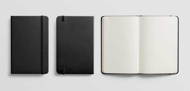 istock Photorealistic black leather notebook mockup on light grey background. 931200696