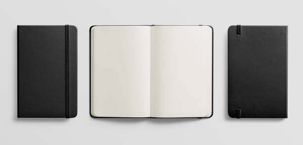 istock Photorealistic black leather notebook mockup on light grey background. 931204066
