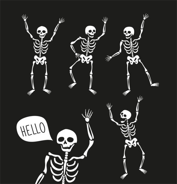 illustrazioni stock, clip art, cartoni animati e icone di tendenza di scheletri divertenti in diverse pose con bolle vocali. elementi vettoriali per il design di halloween. - scheletro umano