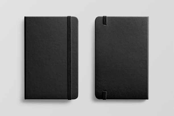 istock Photorealistic black leather notebook mockup on light grey background. 931204472