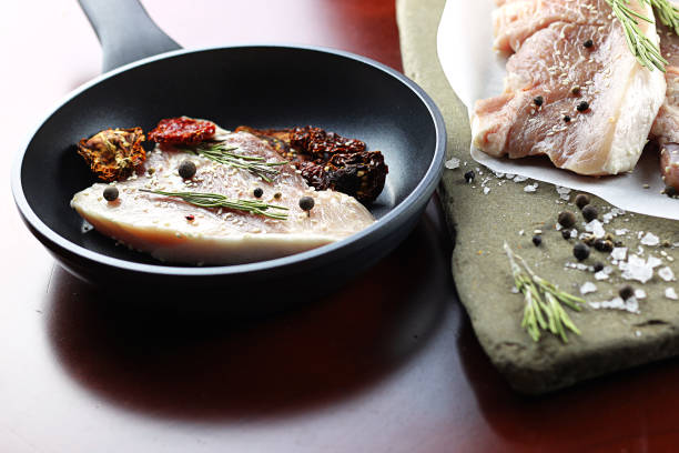 beaf steak in a frying pan on a wooden table