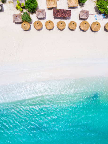 istock Straw beach umbrellas and blue ocean. Beach scene from above 931205066