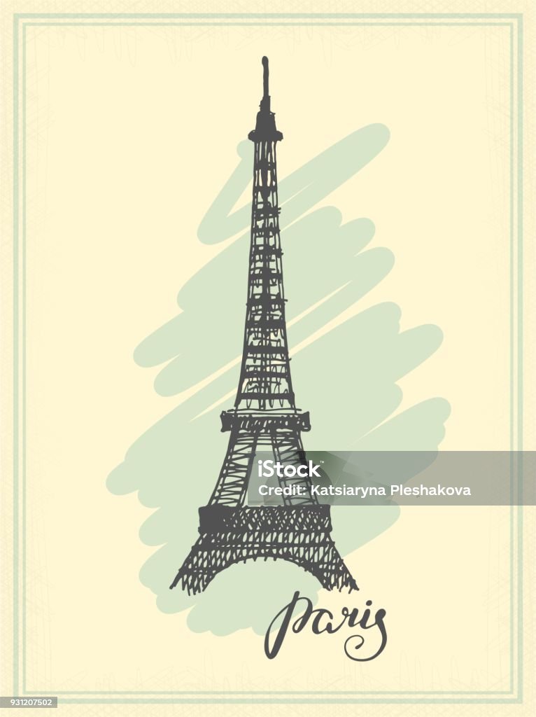 Eiffel Tower drawn in a simple sketch style Vintage postcard with a sketch of the Eiffel tower and inscription Paris Eiffel Tower - Paris stock vector