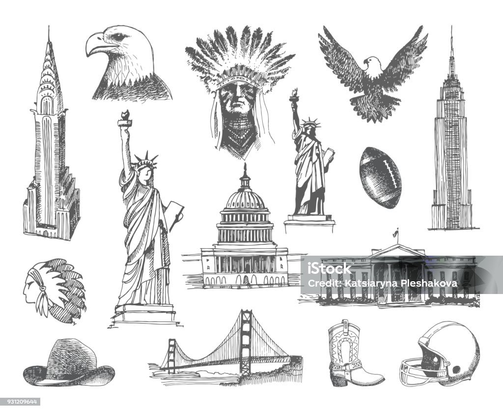 Sketches of symbols of the USA Sketches of architectural and historical symbol of the United States Golden Gate Bridge stock vector