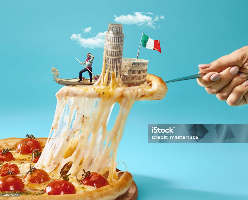 The collage about Italy with female hand, gondolier, pizza and and major sights Taste Italy concept. The collage about Italy with female hand, gondolier, pizza and major sights. Travel, tourism concepts. Female hand holding spoon with micro gondolier, flag on a slice of pizza Italy Stock Photo
