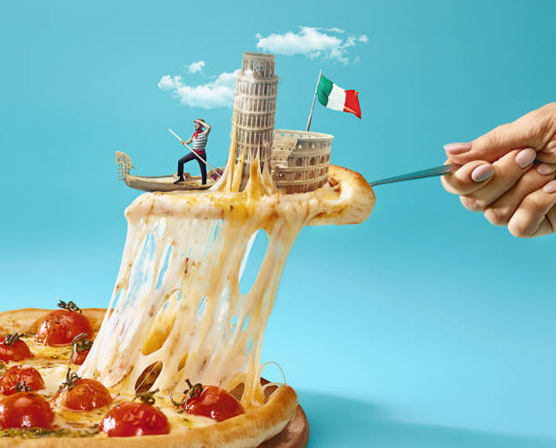 The collage about Italy with female hand, gondolier, pizza and and major sights Taste Italy concept. The collage about Italy with female hand, gondolier, pizza and major sights. Travel, tourism concepts. Female hand holding spoon with micro gondolier, flag on a slice of pizza gondola traditional boat photos stock pictures, royalty-free photos & images
