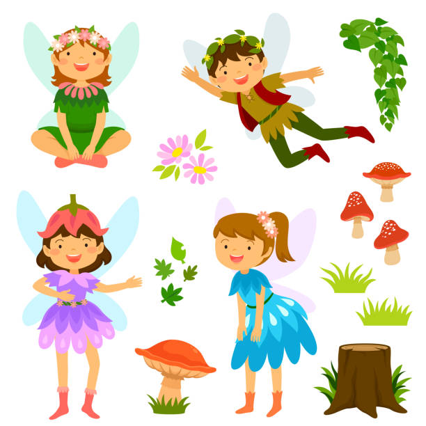 Fairies of both genders Cute cartoon fairies of both genders plus mushrooms and decorative elements fairy wings stock illustrations