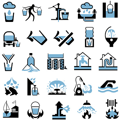 Water supply and usage symbols. Each symbol is isolated from background and consists of two flat colours, black and blue,
