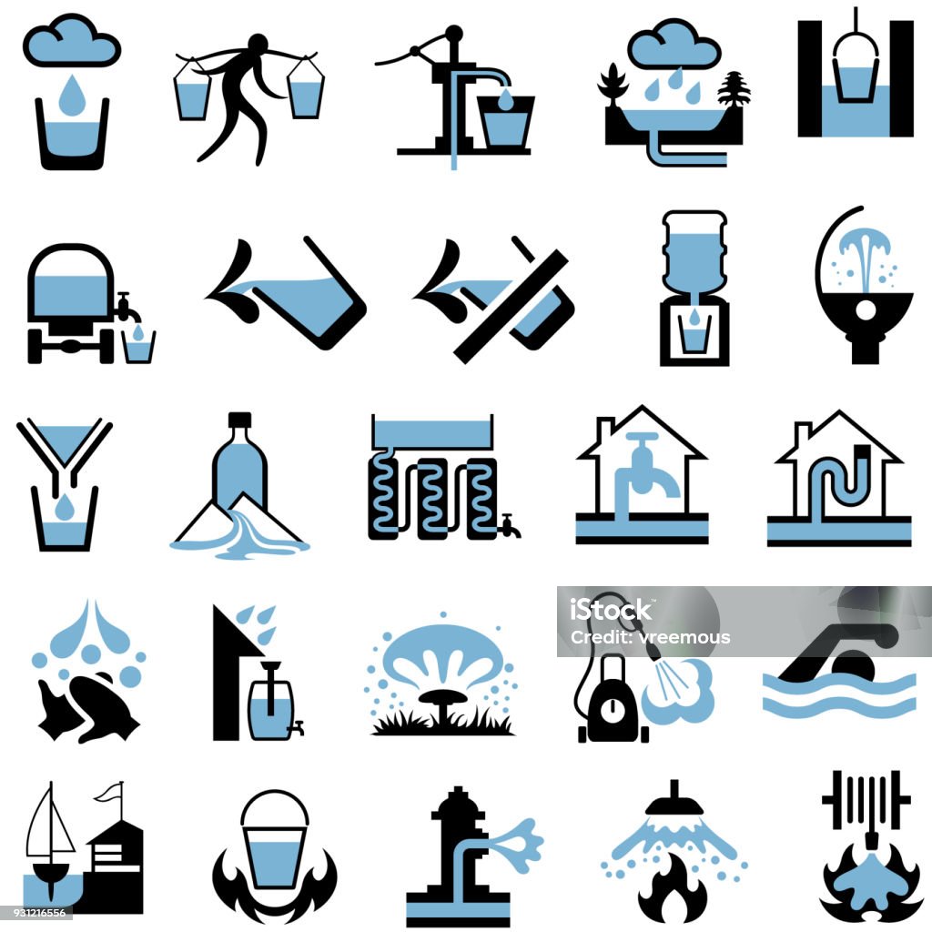 Water supply, sources, resources and conservation icons Water supply and usage symbols. Each symbol is isolated from background and consists of two flat colours, black and blue, Sewage Treatment Plant stock vector