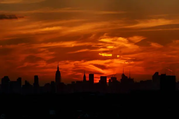Photo of A classic photo of a scenic sunset with the skyscrapers of New York City