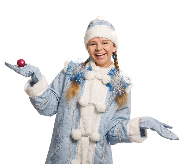 nieve dama sonriente con decoración de árbol de navidad - ice maiden fotografías e imágenes de stock
