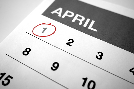 Black and white calendar of the month of April with 1 circled
