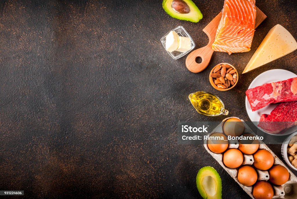 Ketogenic low carbs diet ingredients Ketogenic low carbs diet concept. Healthy balanced food with high content of healthy fats. Diet for the heart and blood vessels. Organic ingredients, dark rusty background, copy space top view Ketogenic Diet Stock Photo
