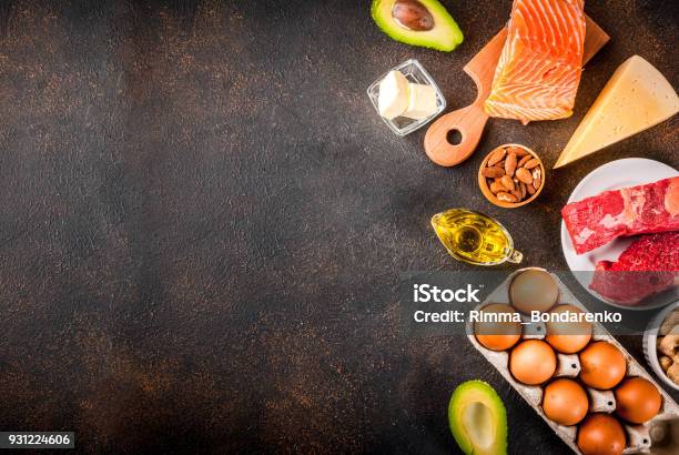 Ketogenic Low Carbs Diet Ingredients Stock Photo - Download Image Now - Ketogenic Diet, Avocado, Backgrounds