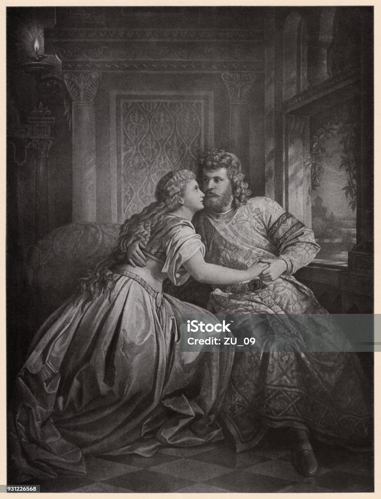 Elsa and Lohengrin, scene from Richard Wagner's opera "Lohengrin" Elsa and Lohengrin. Scene from the opera "Lohengrin" (Act 3) by Richard Wagner (German composer, 1813 - 1883). Photogravure after a drawing (1869) by Theodor Pixis (German painter, 1831 - 1907), published in 1894. 19th Century stock illustration