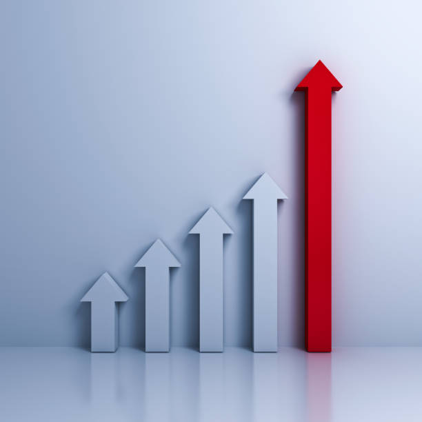 istock Business graph with red rising up arrow over white wall background with reflection 931227444