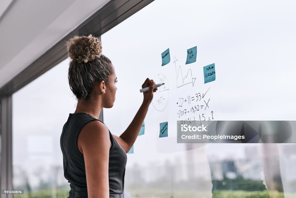 There's a new plan on the wall Shot of a young businesswoman writing on a glass wall in an office Business Stock Photo