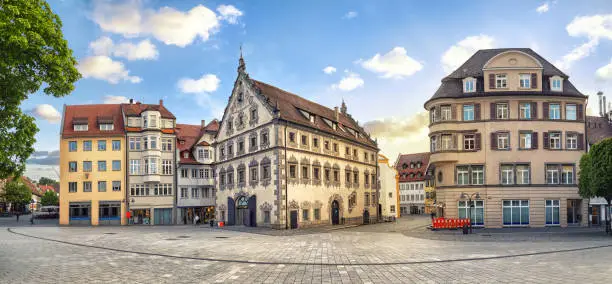 Panoramic view of old buildings on Marienplatz square on the center of Ravensburg, Baden-Wurttemberg, Germany