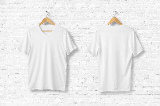 White V-Neck T-Shirts Mock-up hanging on white brick wall, front and rear side view.