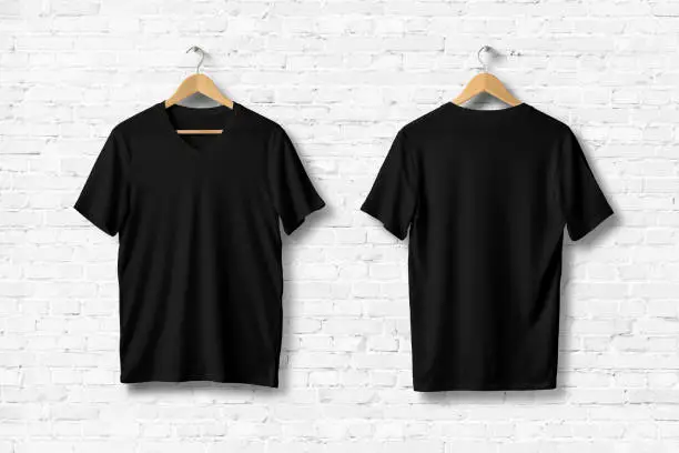 Blank V-Neck T-Shirts Mock-up hanging on white brick wall, front and rear side view . Ready to replace your design.