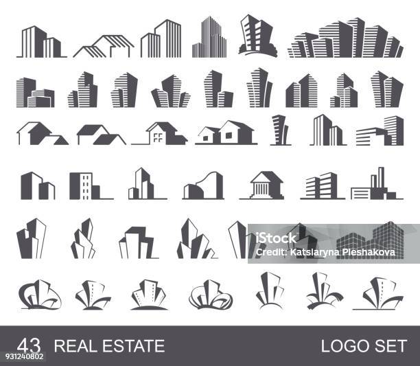 Ilustración de Conjunto De Logotipo Inmobiliaria y más Vectores Libres de Derechos de Ícono - Ícono, Logotipo, Ciudad