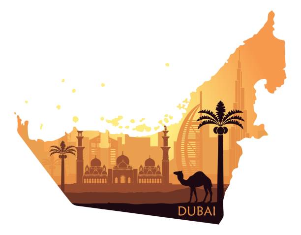 skyline von dubai mit kamel in form von einer karte von den vereinigten arabischen emiraten - dubai stock-grafiken, -clipart, -cartoons und -symbole