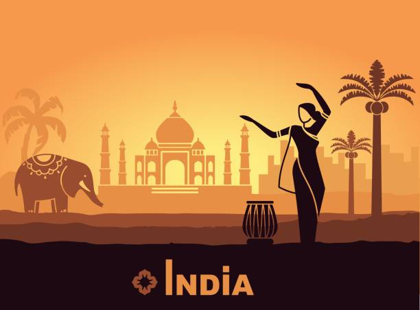 stilisierte landschaft von indien mit taj mahal, ein elefant und eine tänzerin. vektor-hintergrund - india indian culture traditional culture dancing stock-grafiken, -clipart, -cartoons und -symbole