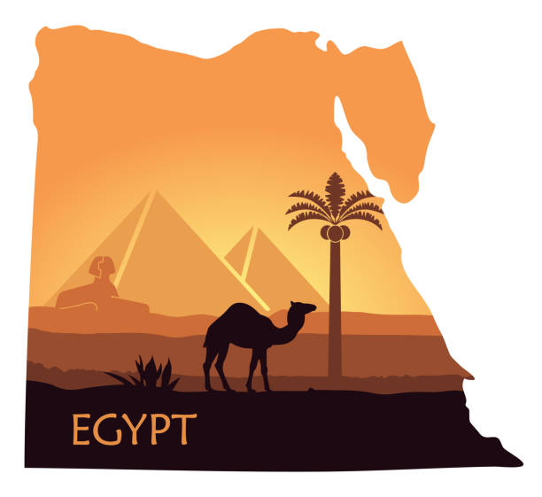 illustrazioni stock, clip art, cartoni animati e icone di tendenza di il paesaggio dell'egitto con un cammello, le piramidi e la sfinge sotto forma di mappe - sphinx night pyramid cairo