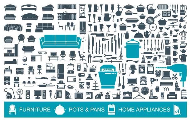 duży zestaw ikon jakości artykułów gospodarstwa domowego. meble, przybory kuchenne, urządzenia. symbole domu - power chair stock illustrations