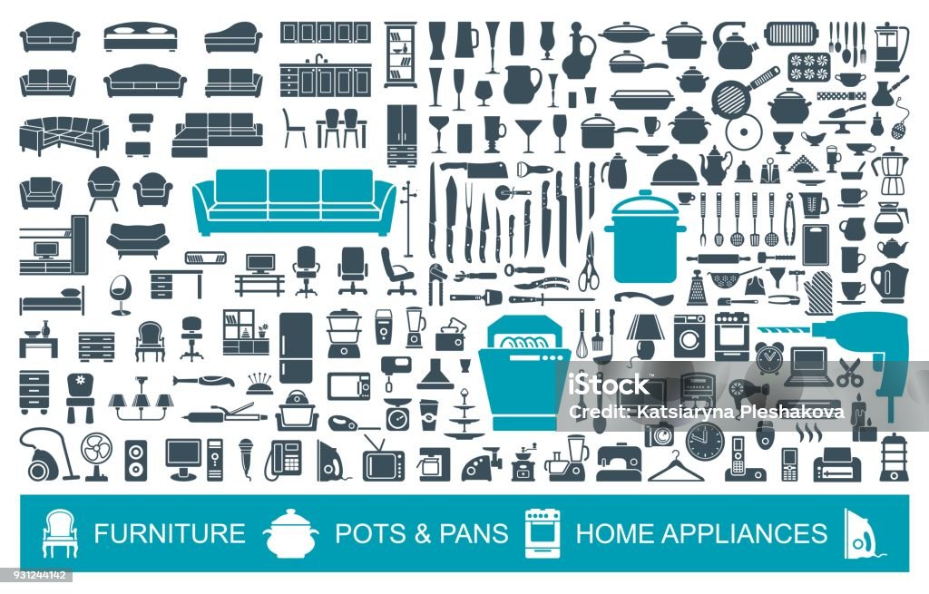 Big set of quality icons household items. Furniture, kitchenware, appliances. Home symbols Big set of quality icons household items. Furniture, kitchenware, appliances Icon Symbol stock vector