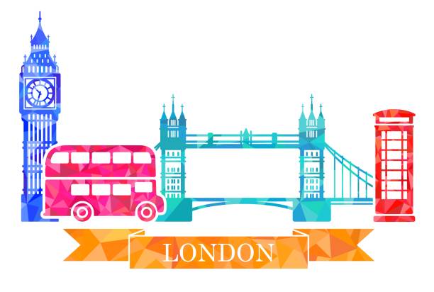 традиционные символы лондона в многоугольном стиле. биг-бен, башенный мост, двойной деккер, красная телефонная будка - big ben isolated london england england stock illustrations