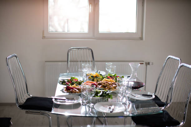 close-up view of utensils, cutlery and healthy breakfast on table