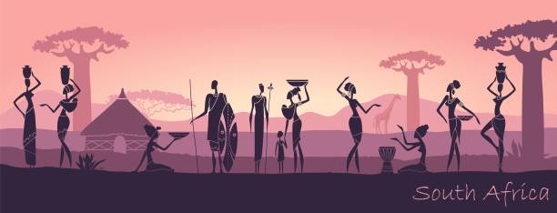 African men and women against the landscape of Africa African sunset landscape with silhouettes of people african warriors stock illustrations