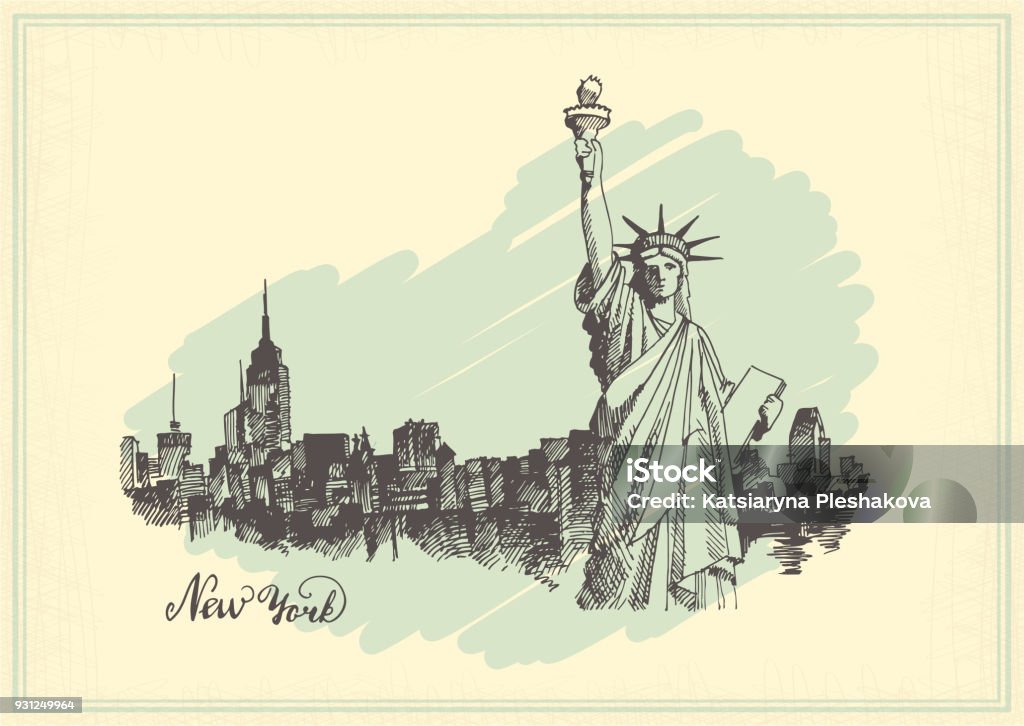 Vintage postcard with sketch of the statue of liberty and the panorama of new York New York city architecture with Statue of Liberty on front, vector vintage postcard, hand drawn, sketch New York City stock vector